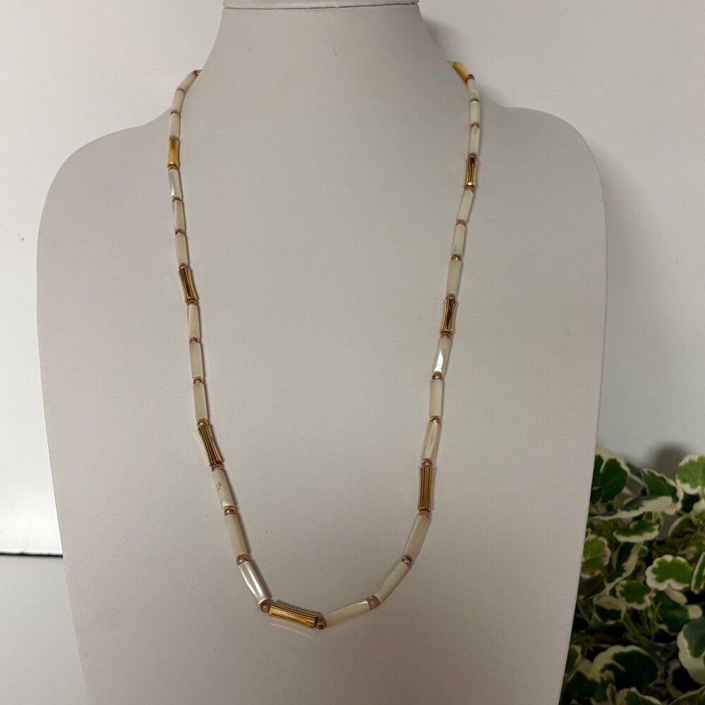 Vintage White Iridescent Tube Bead Necklace Gold Tone 30 in Mid Century Jewelry